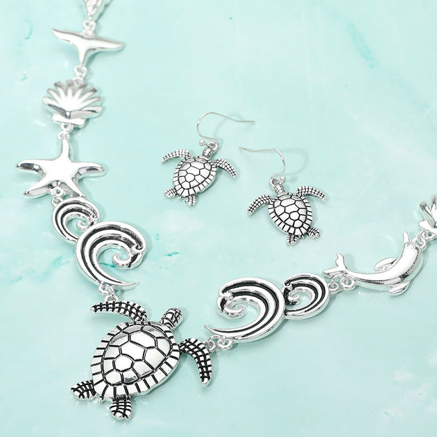 FASHNZFAB Sea Turtle Charm Link Statement Necklace Green One Size 2