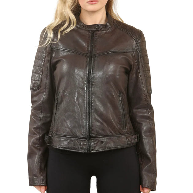 TruClothing Retro Quilted Leather Biker Jacket Brown XSmall 2