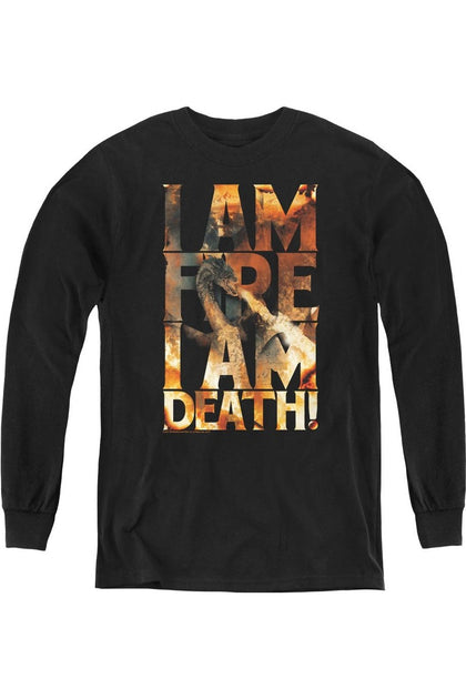 Gildan Hobbit I Am Fire Youth Long Sleeve Tee Black Large 2