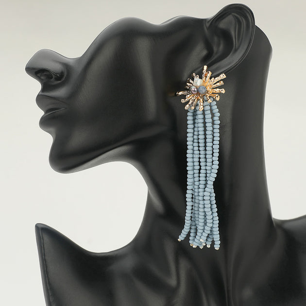 FASHNZFAB Starburst Wooden Beaded Tassel Drop Earrings Black 4