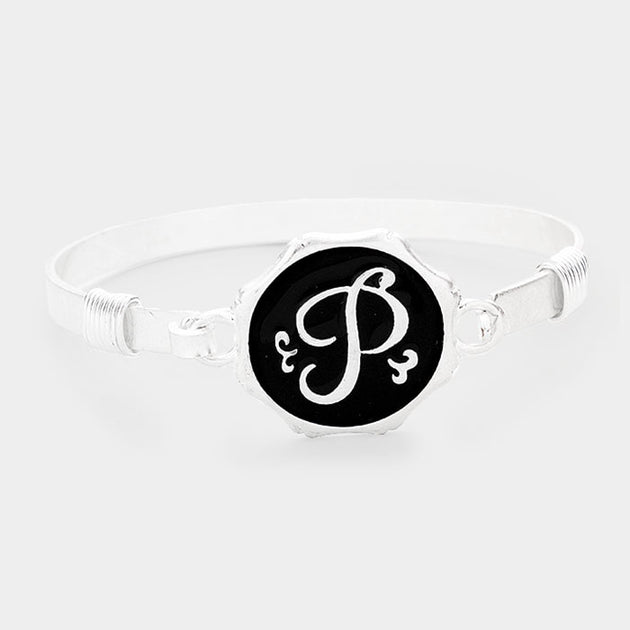 FASHNZFAB P Acrylic Initial Monogram Metal Disc Hook Bracelet Silver One Size 2