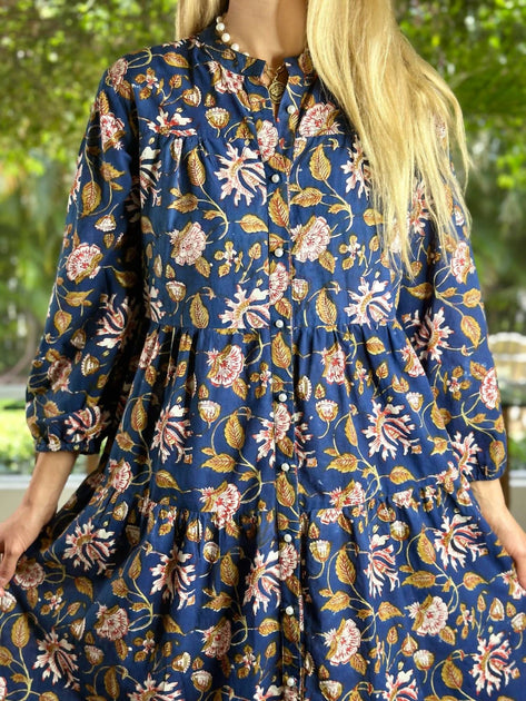 Just Darviny Boho Button Front Maxi Dress Blue Large 2