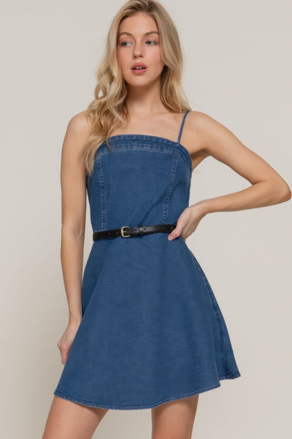 TRUEDAMES Belted Cami A-Line Mini Dress Blue Medium 2