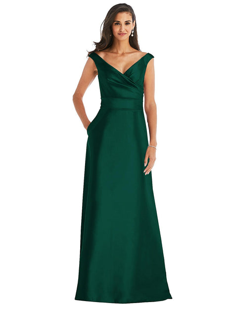 Alfred Sung Draped Wrap Satin Maxi Dress Green US 12 4