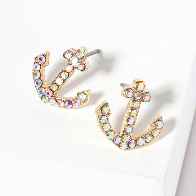 FASHNZFAB Crystal Anchor Stud Earrings Silver 5