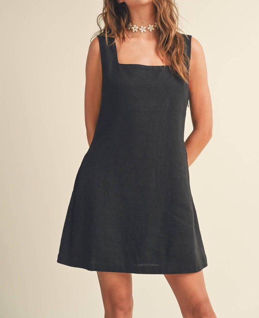 MIOU MUSE Linen Square Mini Dress In Black