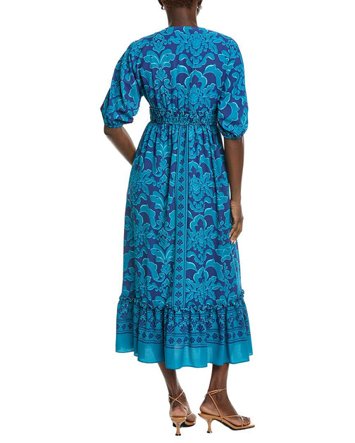 Maison Tara Printed Ghost Crepe Short Sleeve Midi Dress Blue US 10 3