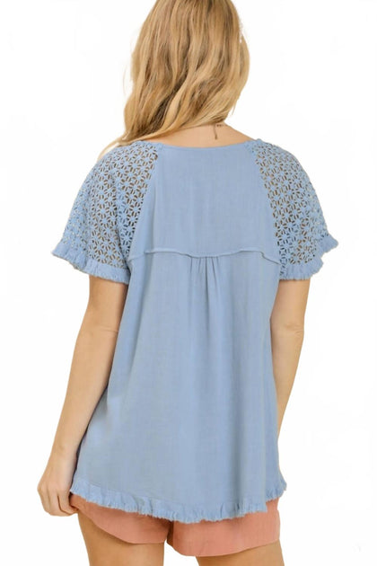 Umgee Crochet Detail Fringe Top Blue 2X 4