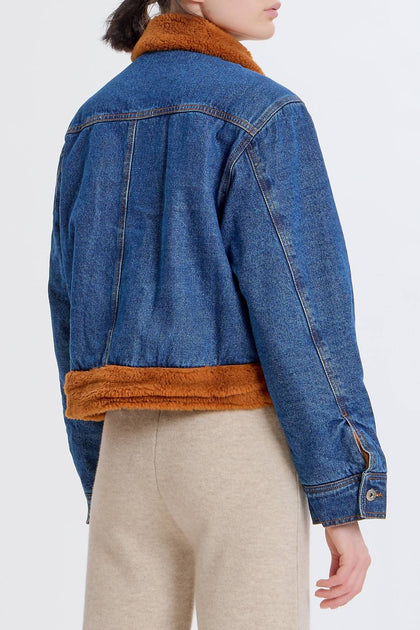 SOMETHING NAVY Denim Teddy Trucker Jacket Blue Large 3