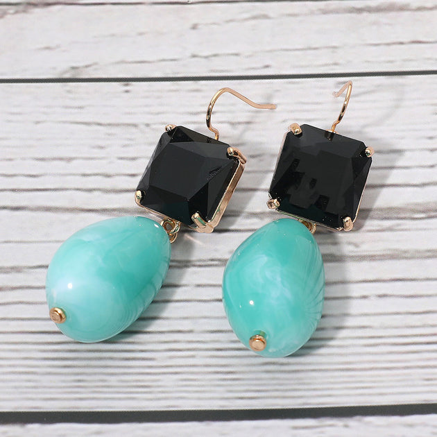 FASHNZFAB Rectangular Stone Cluster Drop Earrings Blue 3