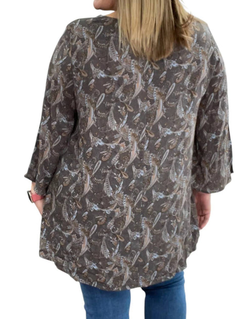 Jade by Jane Paisley Cross Front Tunic Top Grey 2X 3