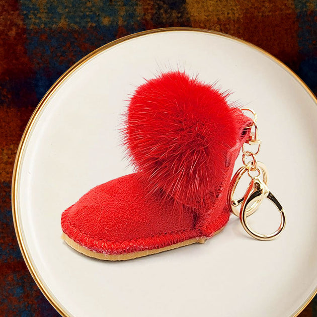 FASHNZFAB Faux Fur Pom Pom Boot Keychain Grey One Size 4