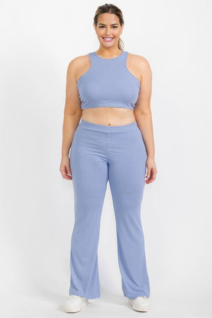 TRUEDAMES Plus Ripp-Crop-Top Und Bootcut-Hosen-Set Grün Plus Size 1X 2