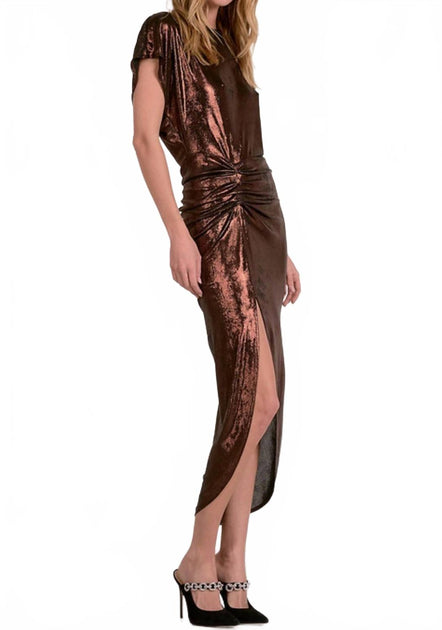 ELAN Cap Sleeve Slit Dress Brown Large 3