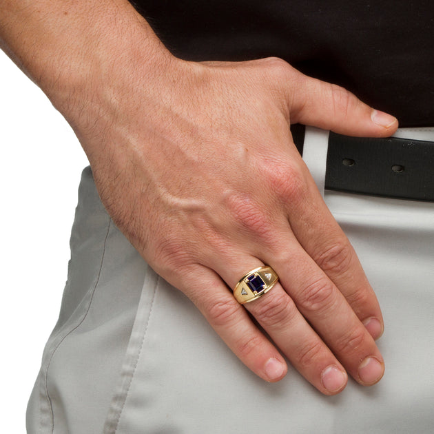Palm Men's Created Sapphire Diamond Accent Ring 10k Yellow Gold Blue US 9 4