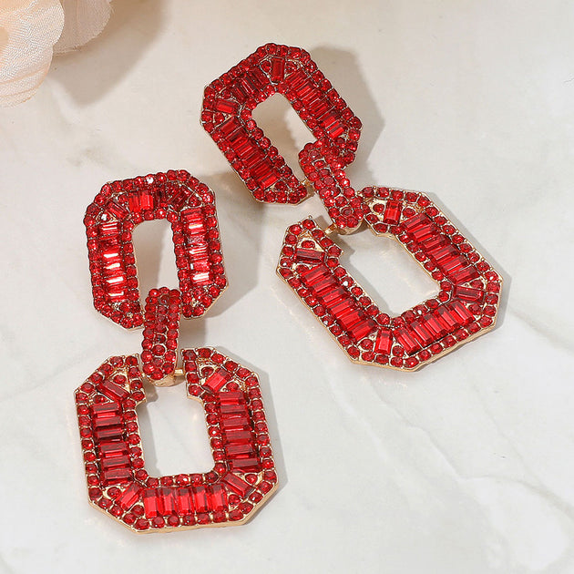 FASHNZFAB Geometric Baguette Stone Door Knocker Earrings Black 2