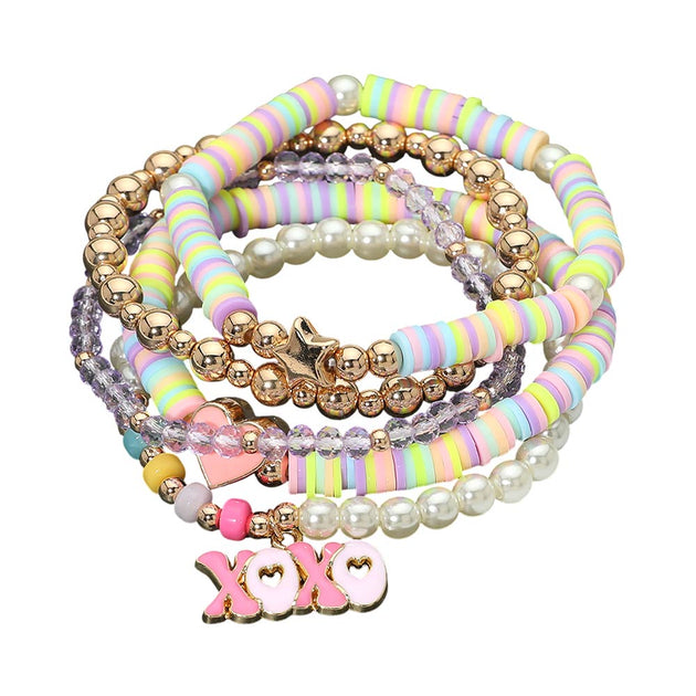 FASHNZFAB XOXO Charm Heart Pearl Beaded Stretch Bracelet Set Purple One Size 3