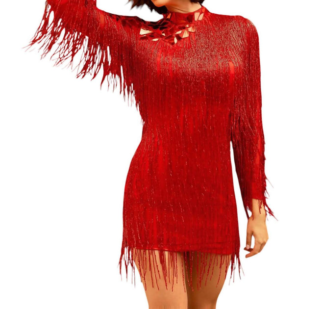 Primavera High Neck Beaded Fringe Cocktail Dress Red US 8 3