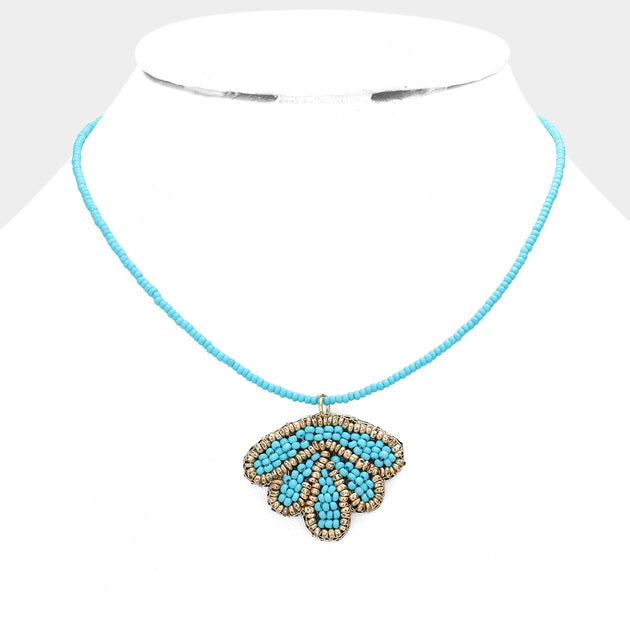 FASHNZFAB Seed Beaded Shell Pendant Necklace Blue 4