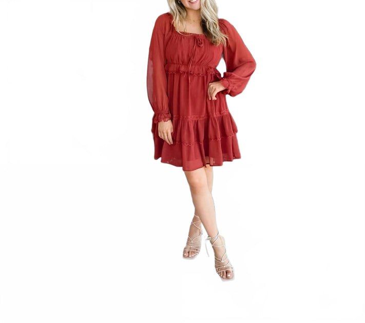 Listicle Tiered Puff Sleeve Dress Red Large 3