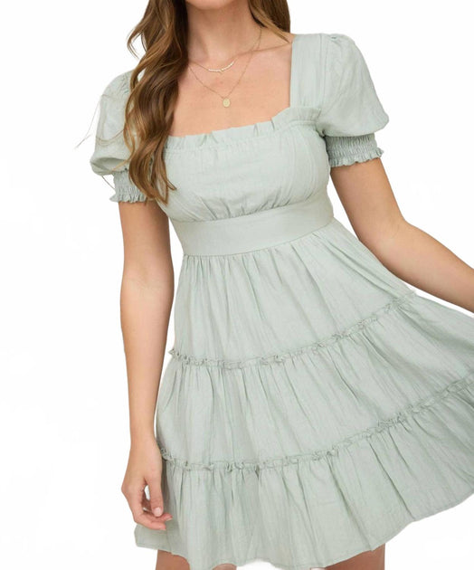 Blu Pepper Square Neck Ruffle Tiered Mini Dress Green Large 4