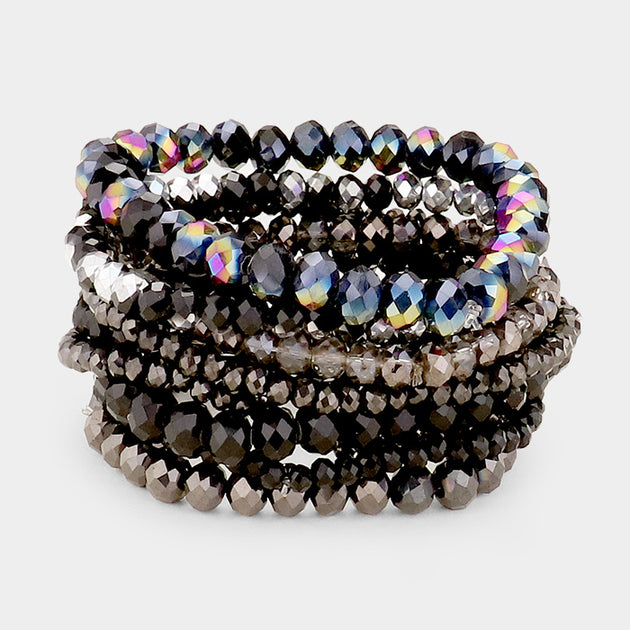 FASHNZFAB 9PCS Faceted Bead Stretch Bracelet Silver 4