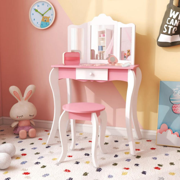 Hivvago Kid's Wooden Vanity Table and Stool Set White 3