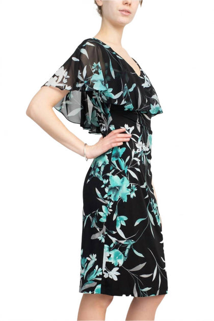 Connected Apparel V-Ausschnitt Floral Print Ity Kleid Schwarz US 4 3