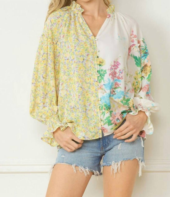 entro Bluse mit Blumendruck und V-Ausschnitt Gelb Medium 2