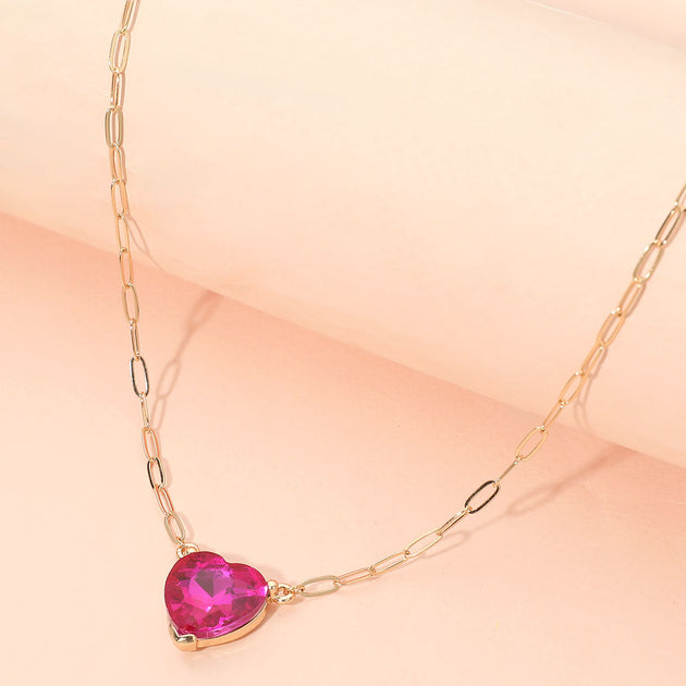 FASHNZFAB Heart Stone Pendant Paperclip Chain Necklace Silver One Size 2