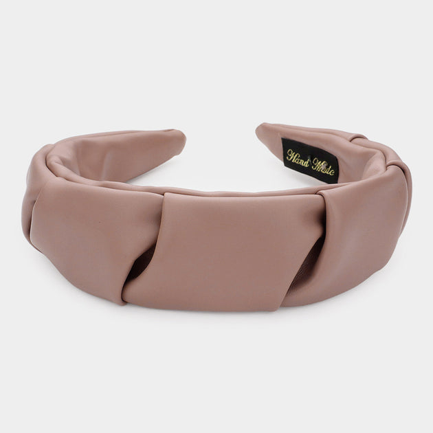FASHNZFAB Pleated Solid Faux Leather Headband Pink 4