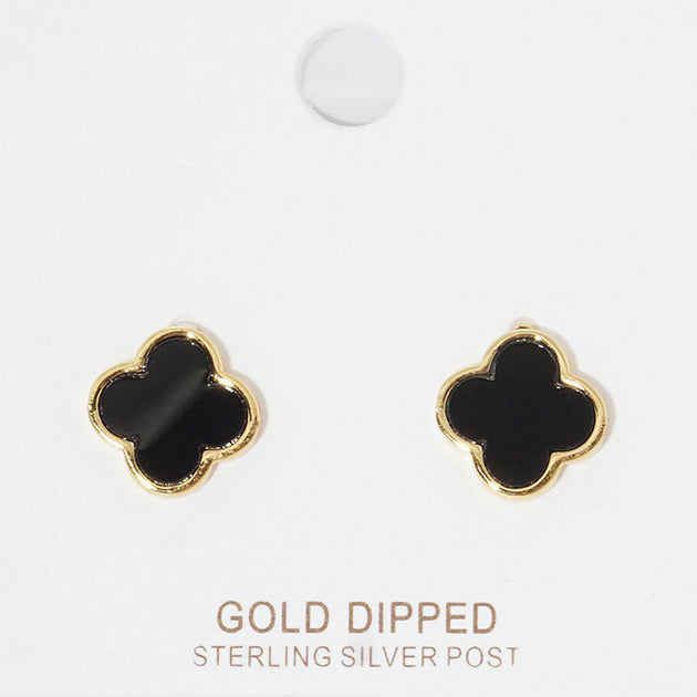 FASHNZFAB Quatrefoil Stud Earrings Black Gold 4