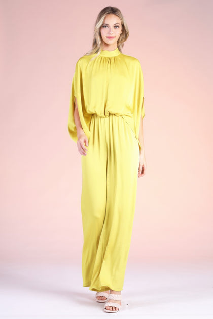 TRUEDAMES Washed Poly Silk Mock Neck Caftan Jumpsuit Black Large 2
