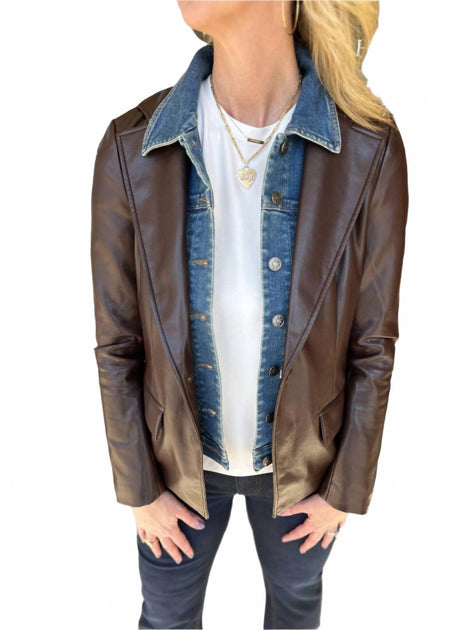 J. Society Leather Blazer With Detachable Denim Brown Large 4