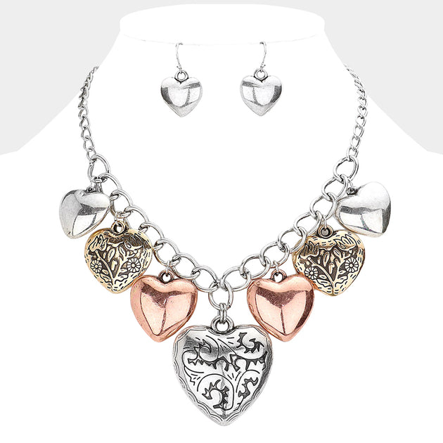 FASHNZFAB Multi Metal Heart Pendants Dangle Necklace Red 4