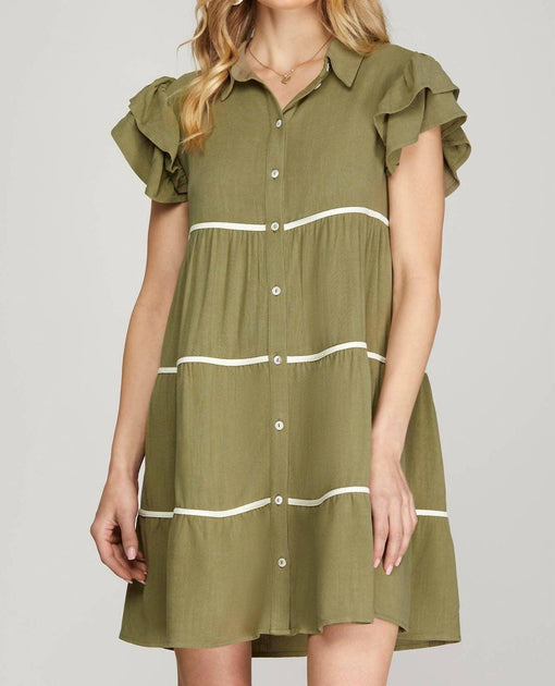 SHE + SKY Ruffle Sleeve Woven Tiered Button Down Dress Green Small 2