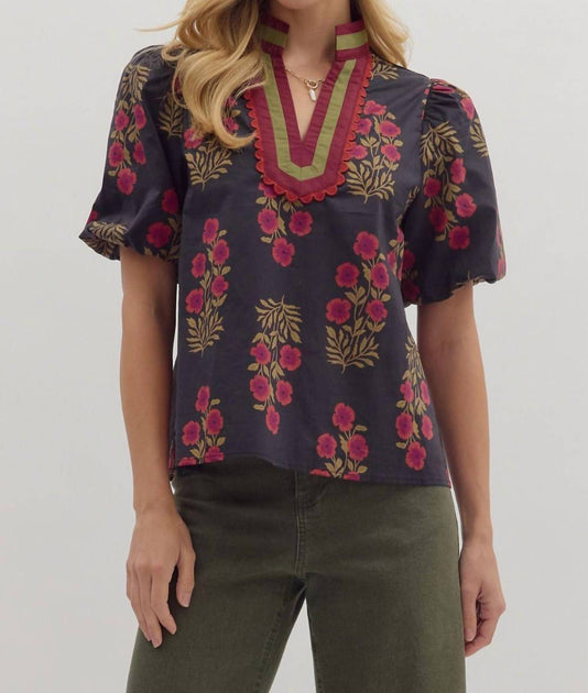 Entro Floral Print Bubble Sleeve Top Black 1X 3