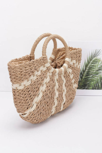FASHNZFAB Faux Straw Tote Bag Beige One Size 4