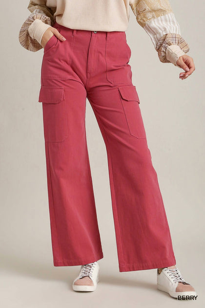 Umgee Solid Stone Washed Straight Cargo Pants Pink Small 2