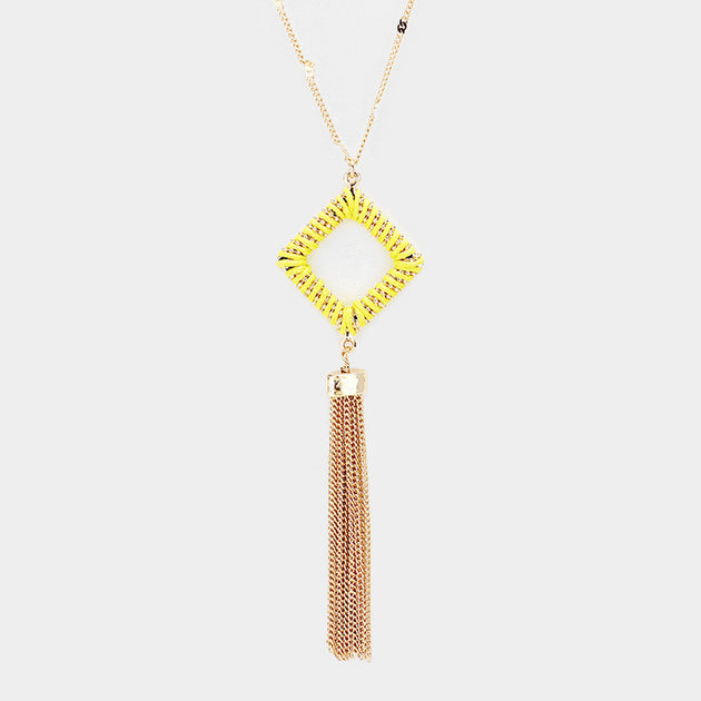 FASHNZFAB Thread Wrapped Square Hoop Drop Chain Tassel Necklace Gold 4