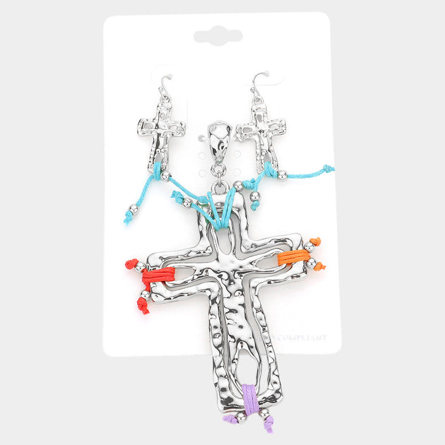 FASHNZFAB Hammered Metal Cross Pendant Set Blue 2