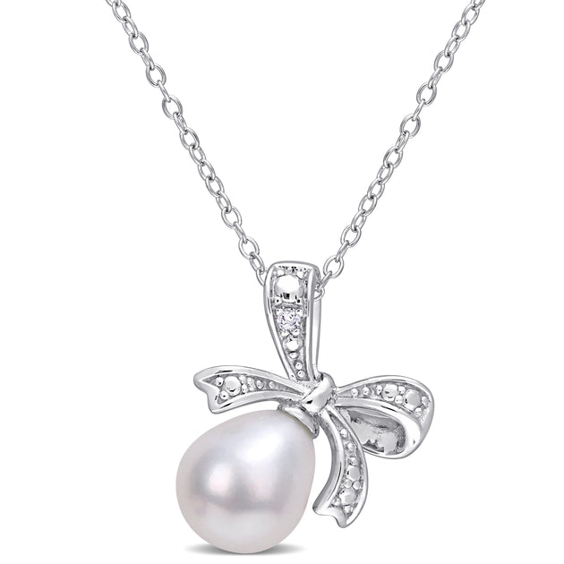 Mimi & Max Pearl Diamond Accent Bow Necklace Silver 2