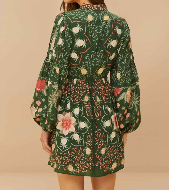 farm rio green pineapple garden long sleeve mini dress FARM RIO Pineapple Garden Mini Dress In Green