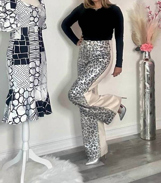 Lizette Collection Metallic Animal Print Contrast Pants Grey Medium 3