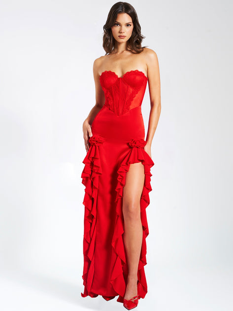 Miss Circle Women Talia Red Satin Lace Corset Maxi Dress