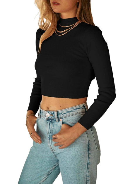 ENDLESS BLU Cropped Mock Neck Sweater Black Large 2