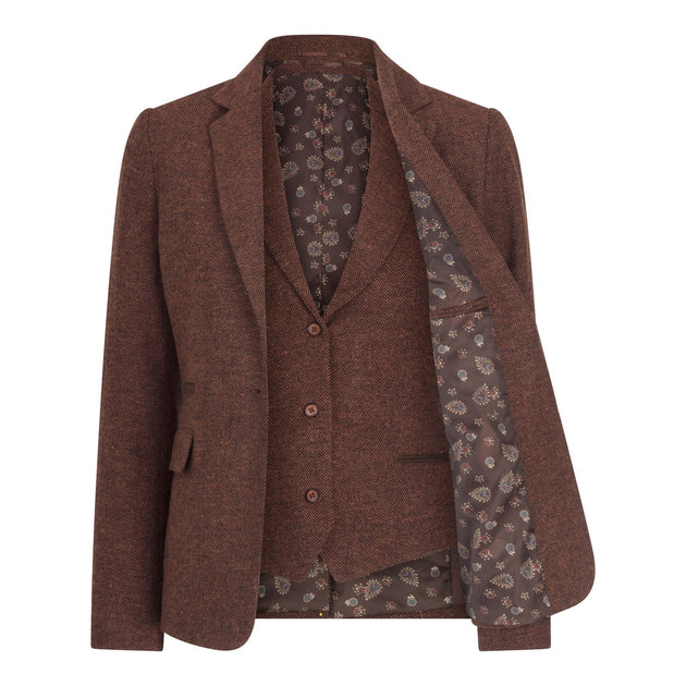 Infinity Women's Herringbone Wool Tweed Blazer Rust Brown US 10 4
