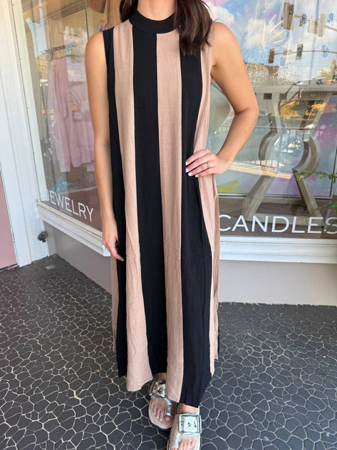 THML Ärmelloses Colorblock Maxikleid Schwarz Medium 2