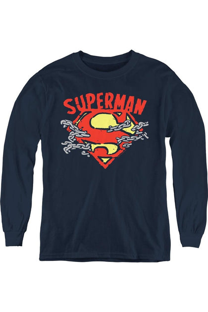 Gildan Superman Chain Breaking Youth Long Sleeve Tee Blue Large 2