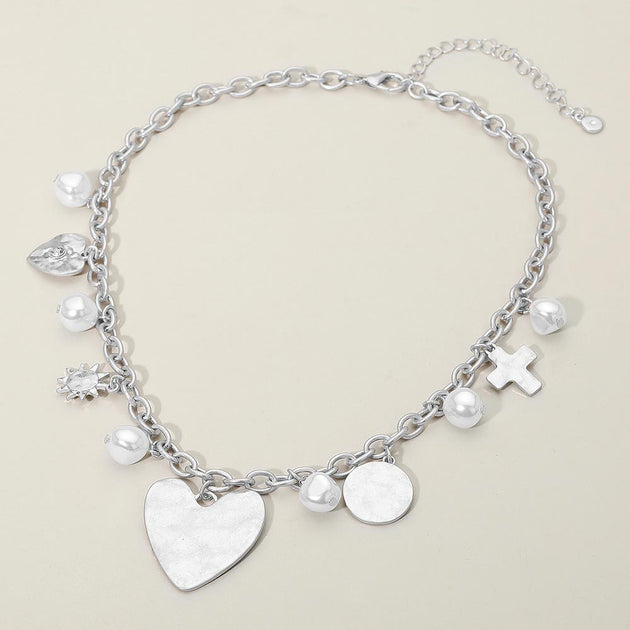 FASHNZFAB Heart Cross Pearl Charm Station Necklace Cream One Size 3
